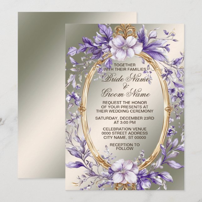 Invitation Aquarelle Cadre doré violet Mariage Fleurs (Devant / Derrière)