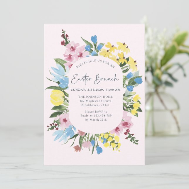 Invitation Aquarelle, Cadre floral Joyeux Pâques, Brunch (Debout devant)
