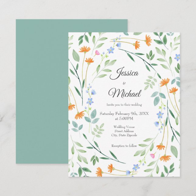 Invitation Aquarelle Cadre Floral Mixte (Devant / Derrière)