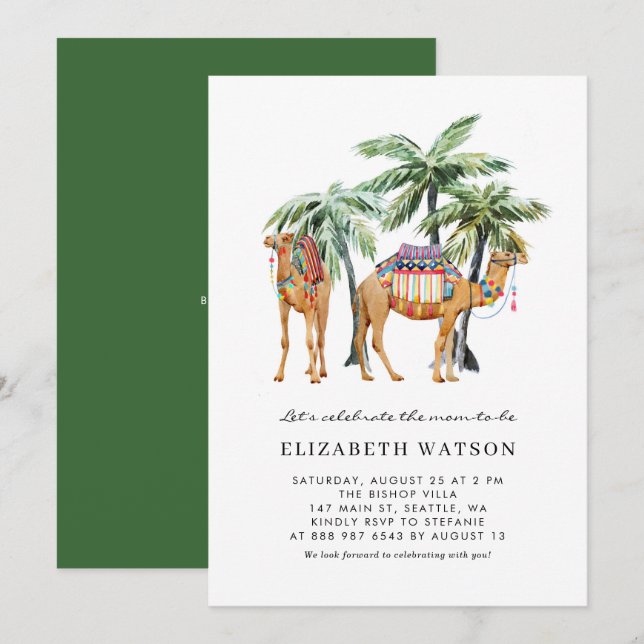 Invitation Aquarelle Camels & Palm Trees Baby shower du déser (Devant / Derrière)
