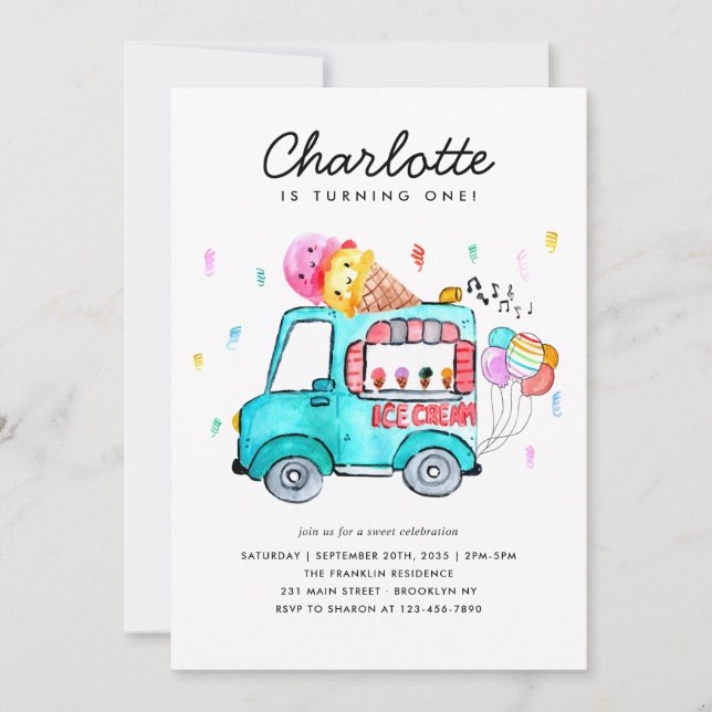 Invitation Aquarelle Camion Balloon Enfants Crème de glace An (Devant)