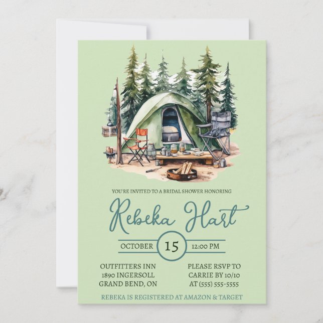 Invitation Aquarelle Camping, Tente, Extérieur, Fête des mari (Devant)