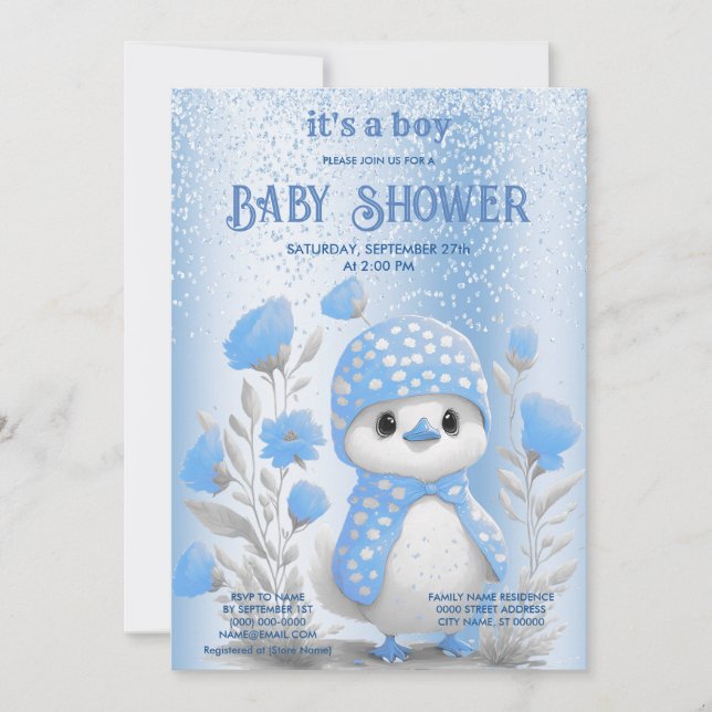 Invitation Aquarelle Canard bleu Baby shower floral Invitatio (Devant)
