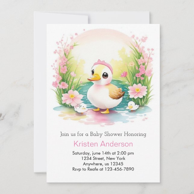 Invitation Aquarelle Canard mignon Baby shower rose fille (Devant)