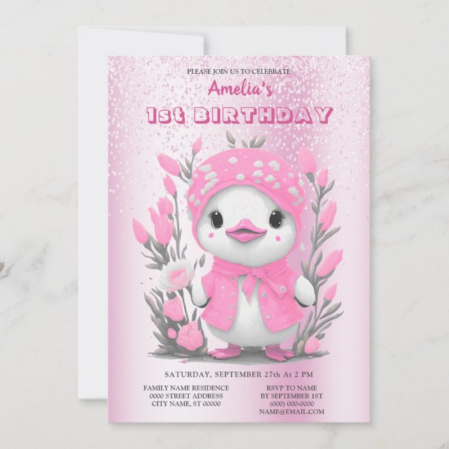 Invitation Aquarelle Canard rose Fleur 1er anniversaire (Devant)