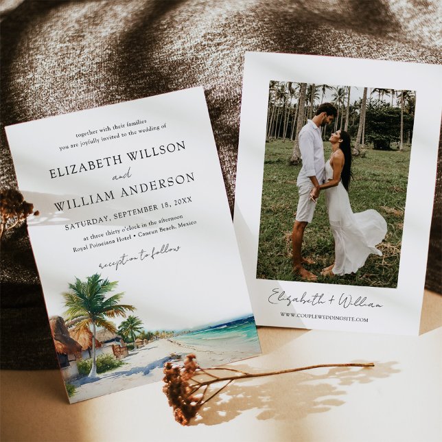 Invitation Aquarelle Cancun Mexico Beach Mariage Photo (Stunning Watercolor Cancun Beach Wedding Invitation with Photo - Perfect for a Destination Wedding)
