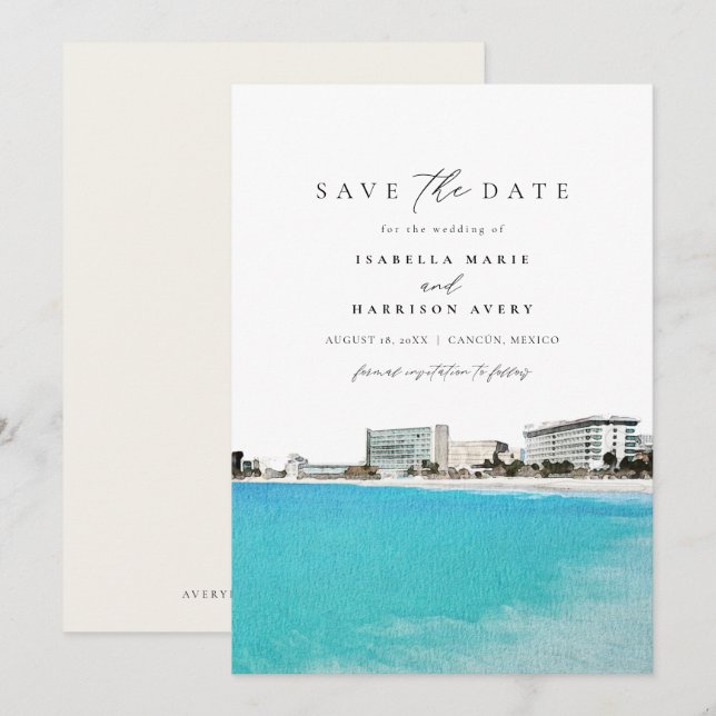 Invitation Aquarelle Cancun Mexique Skyline Enregistrer la da (Devant / Derrière)