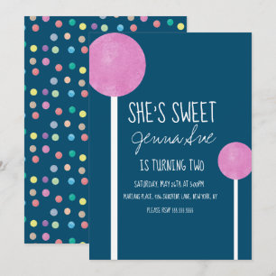 Invitation Aquarelle Candy Lollipop fête d'anniversaire rose