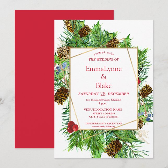 Invitation Aquarelle captivante Noël Mariage de verdure (Devant / Derrière)