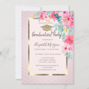 Invitation Aquarelle Casquette Gold Grad Fleurs Dots Graduati