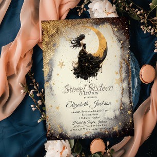 Invitation Aquarelle céleste fille lune Or étoiles Sweet 16