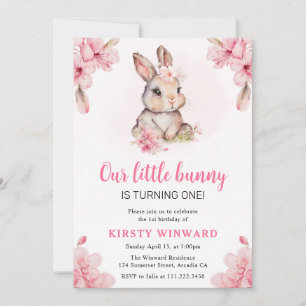 Invitation Aquarelle Cerise Fleurs Rabbit 1er Anniversaire