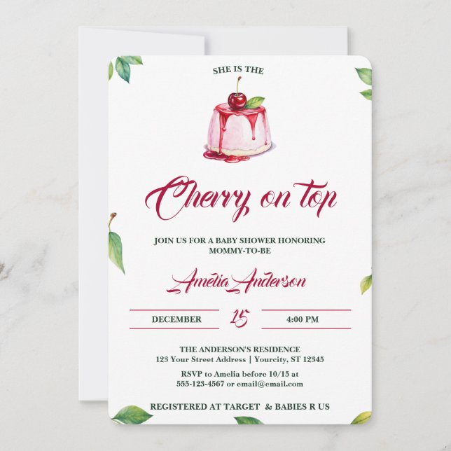 Invitation Aquarelle cerise sur le Baby shower rouge rose (Devant)