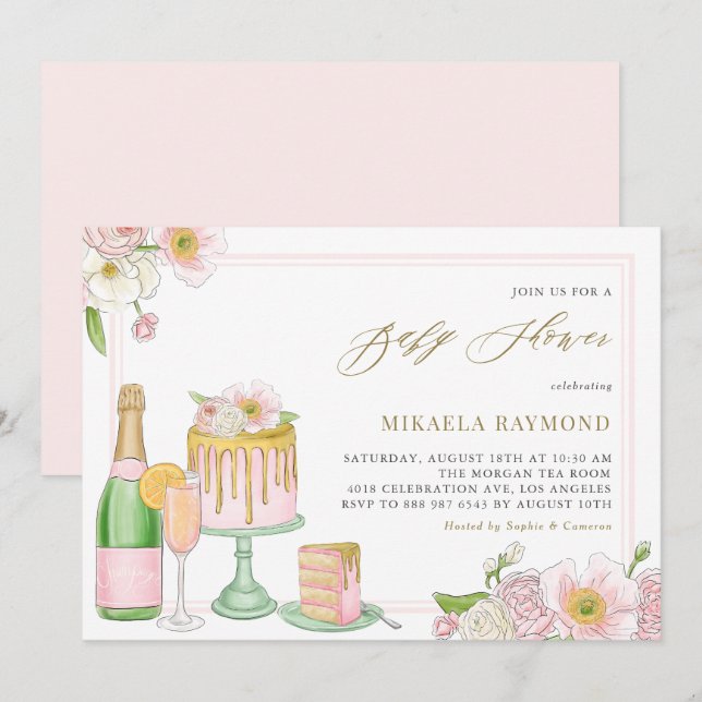 Invitation Aquarelle Champagne et Baby shower Floral de gâtea (Devant / Derrière)