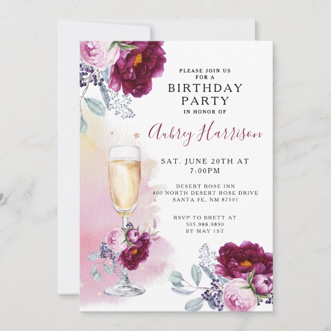 Invitation Aquarelle Champagne Verre Floral Anniversaire (Devant)