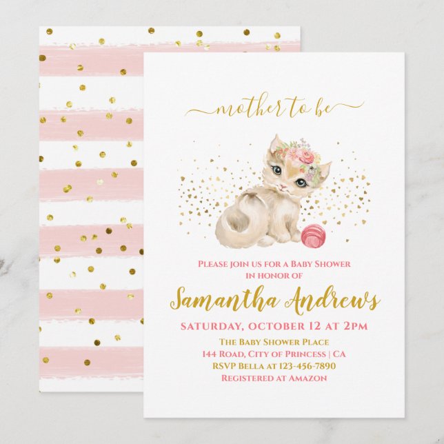 Invitation Aquarelle Chat bébé et Baby shower de fleurs (Devant / Derrière)