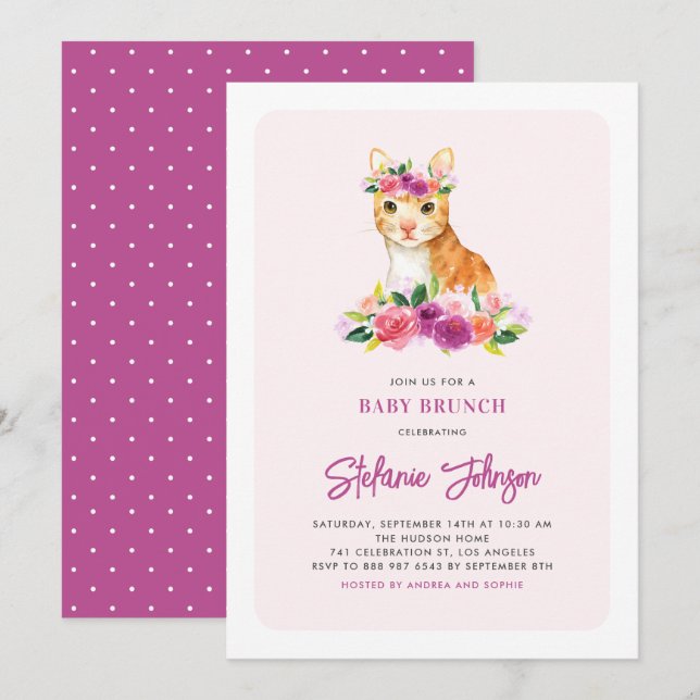Invitation Aquarelle Chat Floral Baby shower rose Brunch (Devant / Derrière)