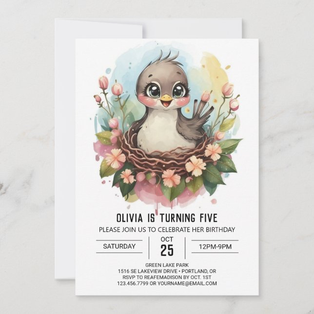 Invitation Aquarelle Chic Bird Anniversaire (Devant)
