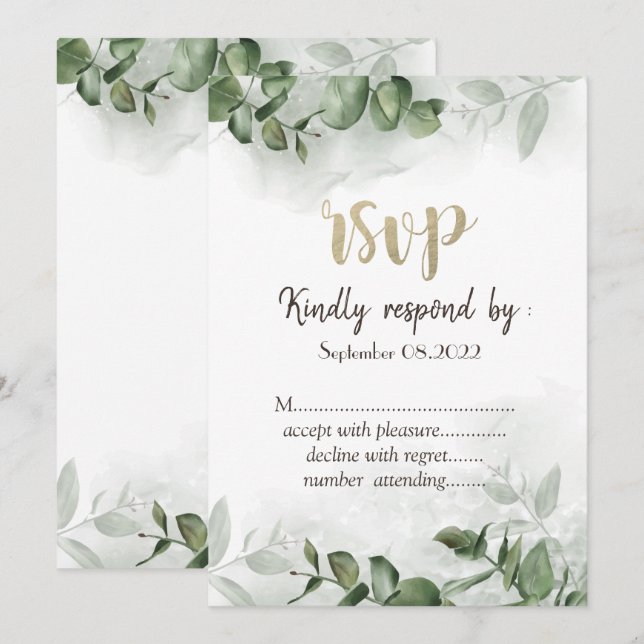 Invitation Aquarelle Chic Eucalyptus Vert RSVP (Devant / Derrière)
