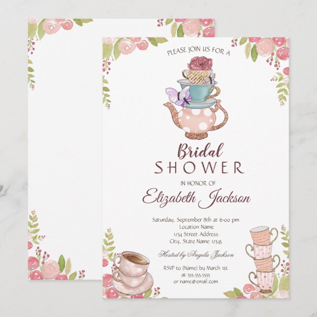 Invitation Aquarelle Chic Fleurs Fête des mariées de théière (Devant / Derrière)