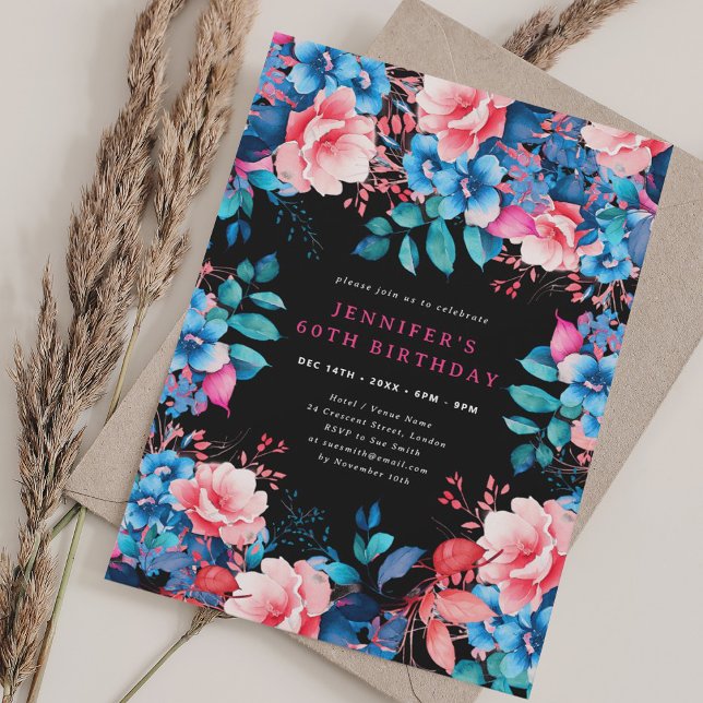 Invitation Aquarelle chic Floral 60e anniversaire Noir (Chic Watercolor Floral 60th Birthday Black Invitation)