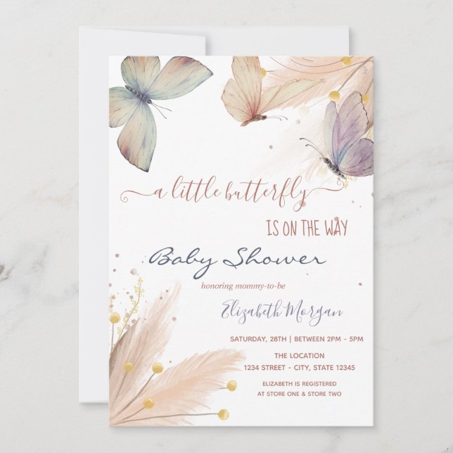 Invitation Aquarelle Chic Papillons Pampas Grass (Devant)
