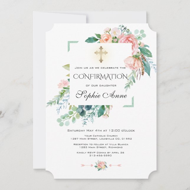 Invitation Aquarelle Chic Rose Blush Floral Confirmation (Devant)