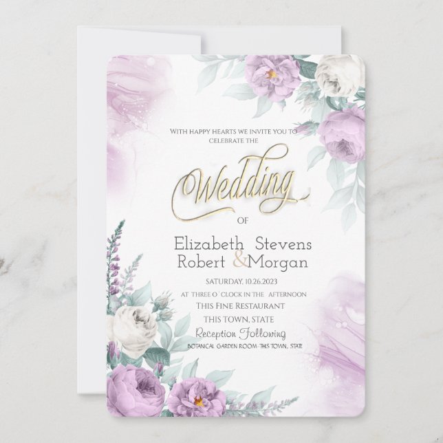 Invitation Aquarelle Chic Violet Fleurs (Devant)
