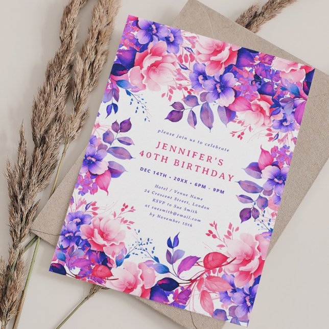 Invitation Aquarelle chic violet Floral 40e anniversaire (Chic Purple Watercolor Floral 40th Birthday Invitation)