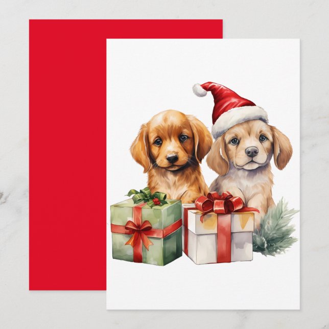 Invitation Aquarelle Chien de Noël avec cadeaux (Devant / Derrière)