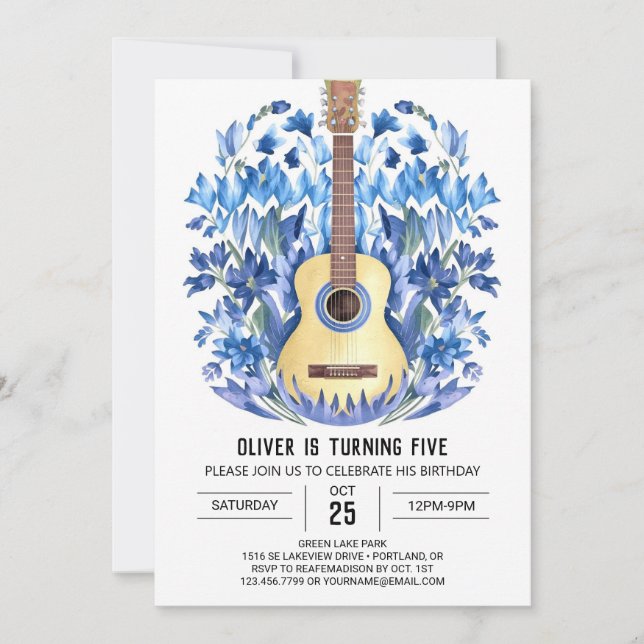 Invitation Aquarelle Chord Guitare Garçon Anniversaire (Devant)