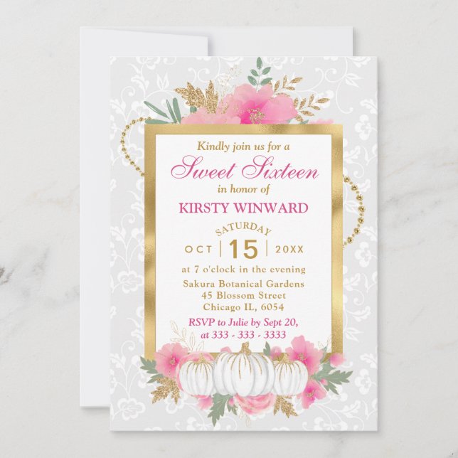 Invitation Aquarelle Chute Citrouille Floral Sweet sixteen (Devant)