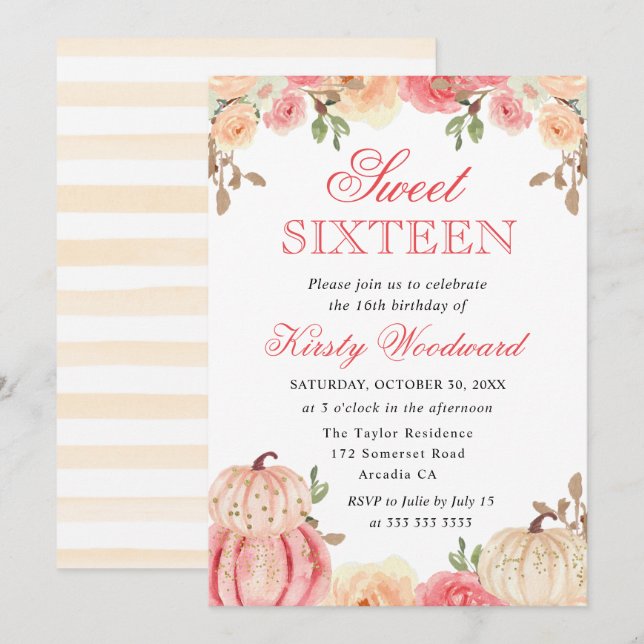 Invitation Aquarelle Chute Citrouille  Sweet sixteen (Devant / Derrière)