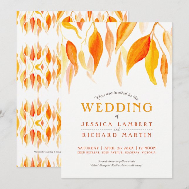 Invitation Aquarelle chute feuilles d'automne mariage (Devant / Derrière)