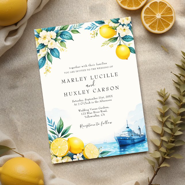 Invitation Aquarelle Citron bleu italien Mariage d'été (Créateur téléchargé)