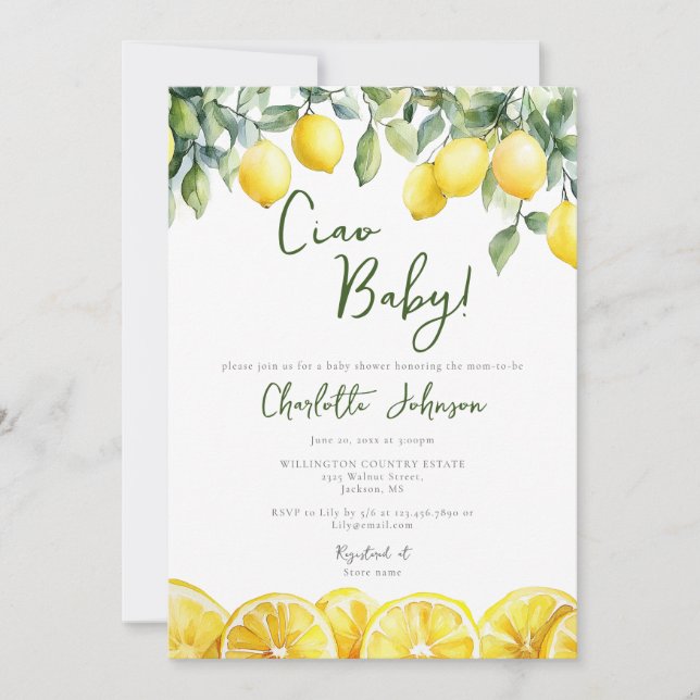 Invitation Aquarelle Citron Citrus Baby shower italien (Devant)
