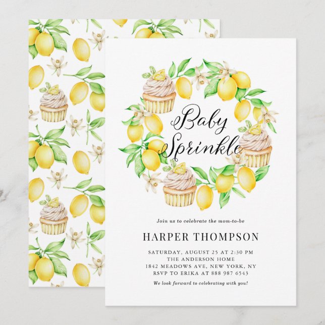 Invitation Aquarelle Citron Cupcakes Wreath Baby Sprinky (Devant / Derrière)