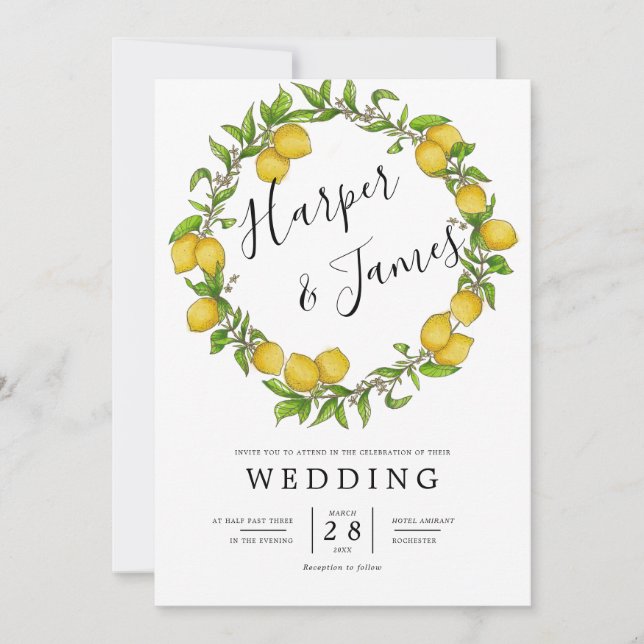 Invitation Aquarelle citron détails de la couronne mariage (Devant)