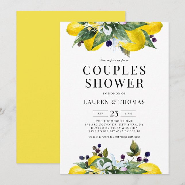 Invitation Aquarelle Citron et Blackberry Couples Douche (Devant / Derrière)