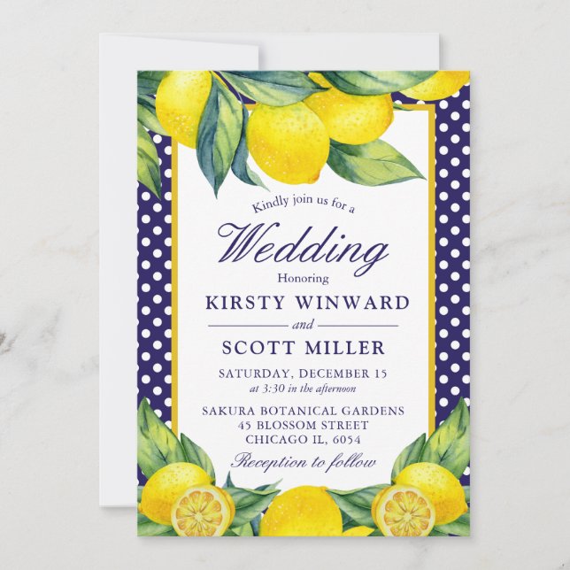Invitation Aquarelle Citron Floral Bleu Polka Point (Devant)