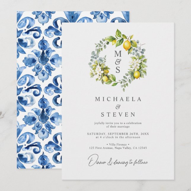 Invitation Aquarelle Citron Mariage de couronnes botaniques (Devant / Derrière)