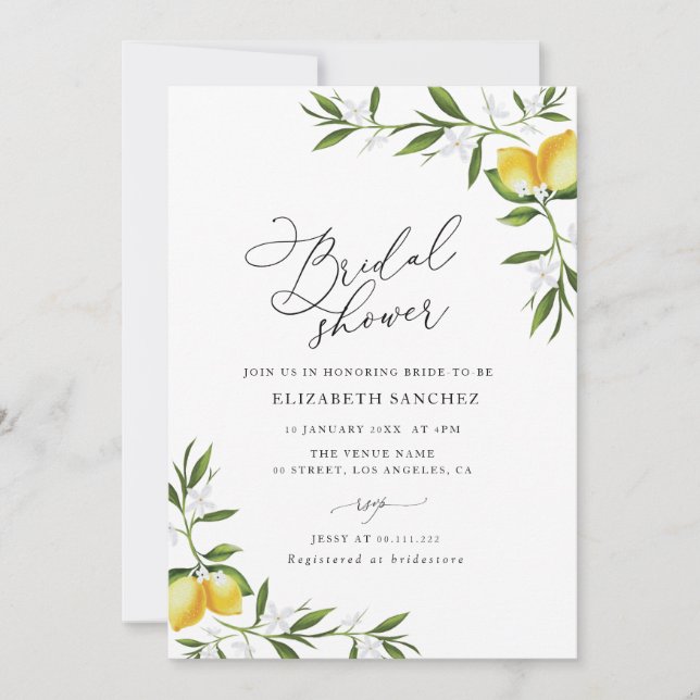 Invitation aquarelle citron verdure fleurie douche nuptiale (Devant)
