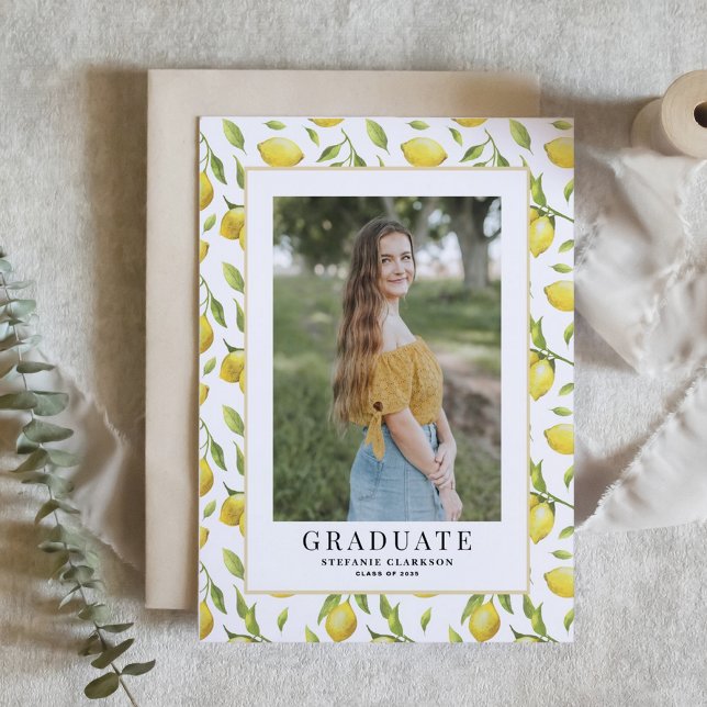 Invitation Aquarelle Citron vert Motif Photo Graduation (Customizable photo graduation invitation featuring watercolor lemon pattern.)