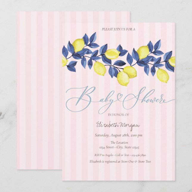 Invitation Aquarelle Citrons Baby shower rayé rose (Devant / Derrière)