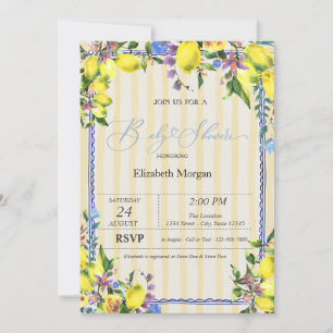 Invitation Aquarelle Citrons Baby shower rayures jaunes