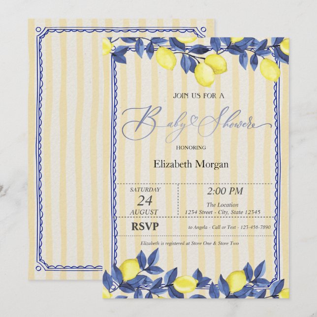 Invitation Aquarelle Citrons Baby shower rayures jaunes (Devant / Derrière)