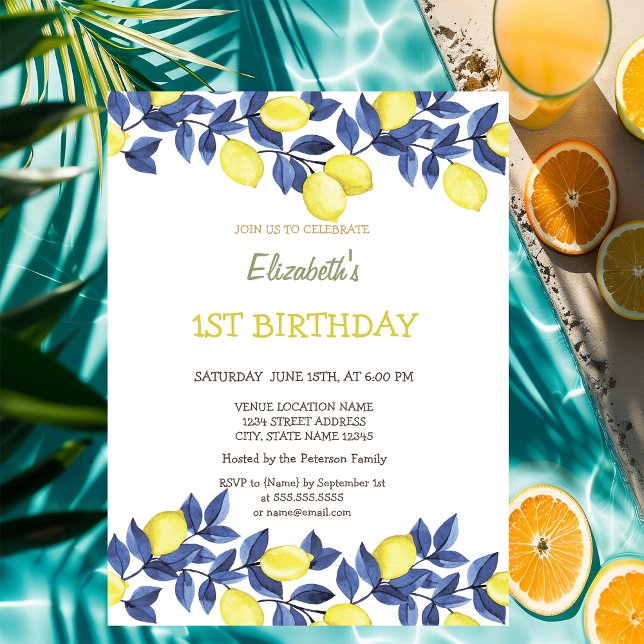 Invitation Aquarelle Citrons Bleu Méditerranée Anniversaire (Créateur téléchargé)