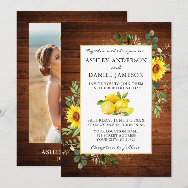 Invitation Aquarelle Citrons Bois Fleurs de soleil Mariage ph (Devant / Derrière)