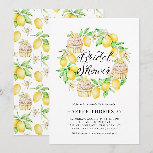 Invitation Aquarelle Citrons & Cupcakes Fête des mariées de c (Devant / Derrière)