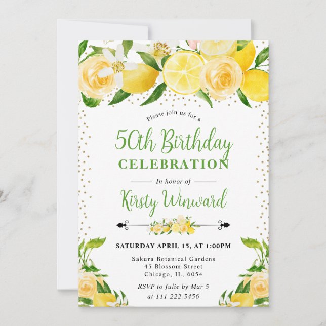 Invitation Aquarelle Citrons et fleurs 50e anniversaire (Devant)